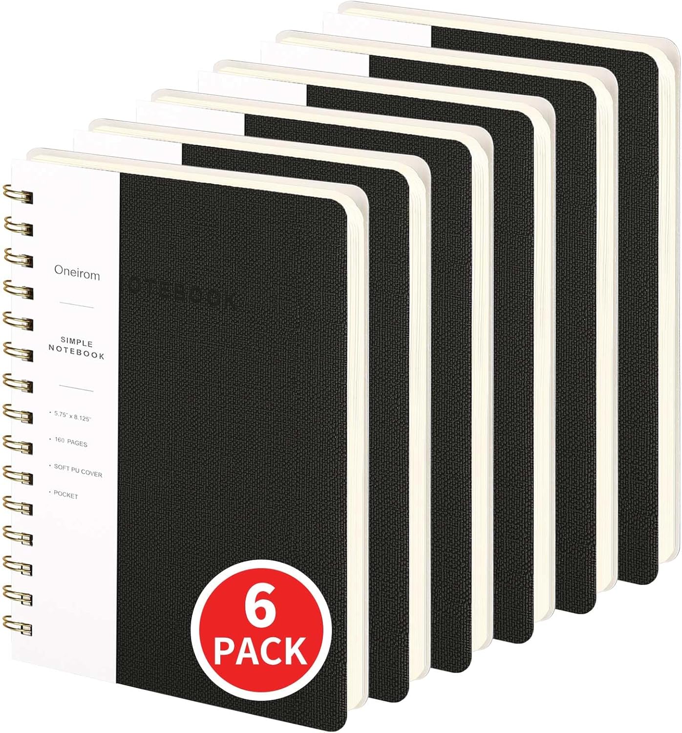 Lined Spiral Notebook College Ruled A5 Journal Book for Note Taking, 160 Pages Writing Journal for Office and Home School Supplies 5.75x8.125 inch (6-Black)