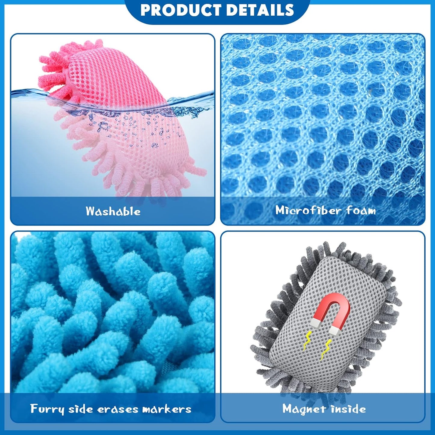 Epakh 12 Pieces Magnetic Microfiber Dry Eraser Microfiber Whiteboard Washable Shag Erase Board for Markers Chalk Home Classroom and Office(Grey, Neon Green, Neon Yellow, Red, Pink, Blue)