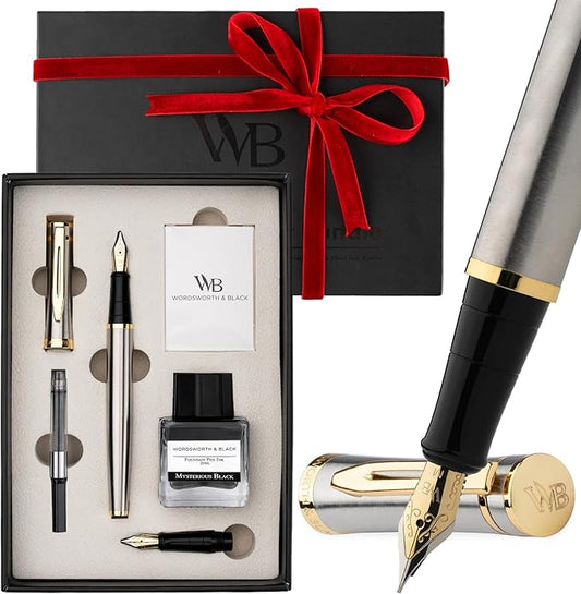 Wordsworth & Black Fountain Pen Set,18K Gilded Medium and Extra Fine Nib,25ML Black Ink Bottle,6 Ink Cartridges,Refill Converter,Gift Box,Smooth Writing Pens [Silver Gold],Gift Set for Men and Women