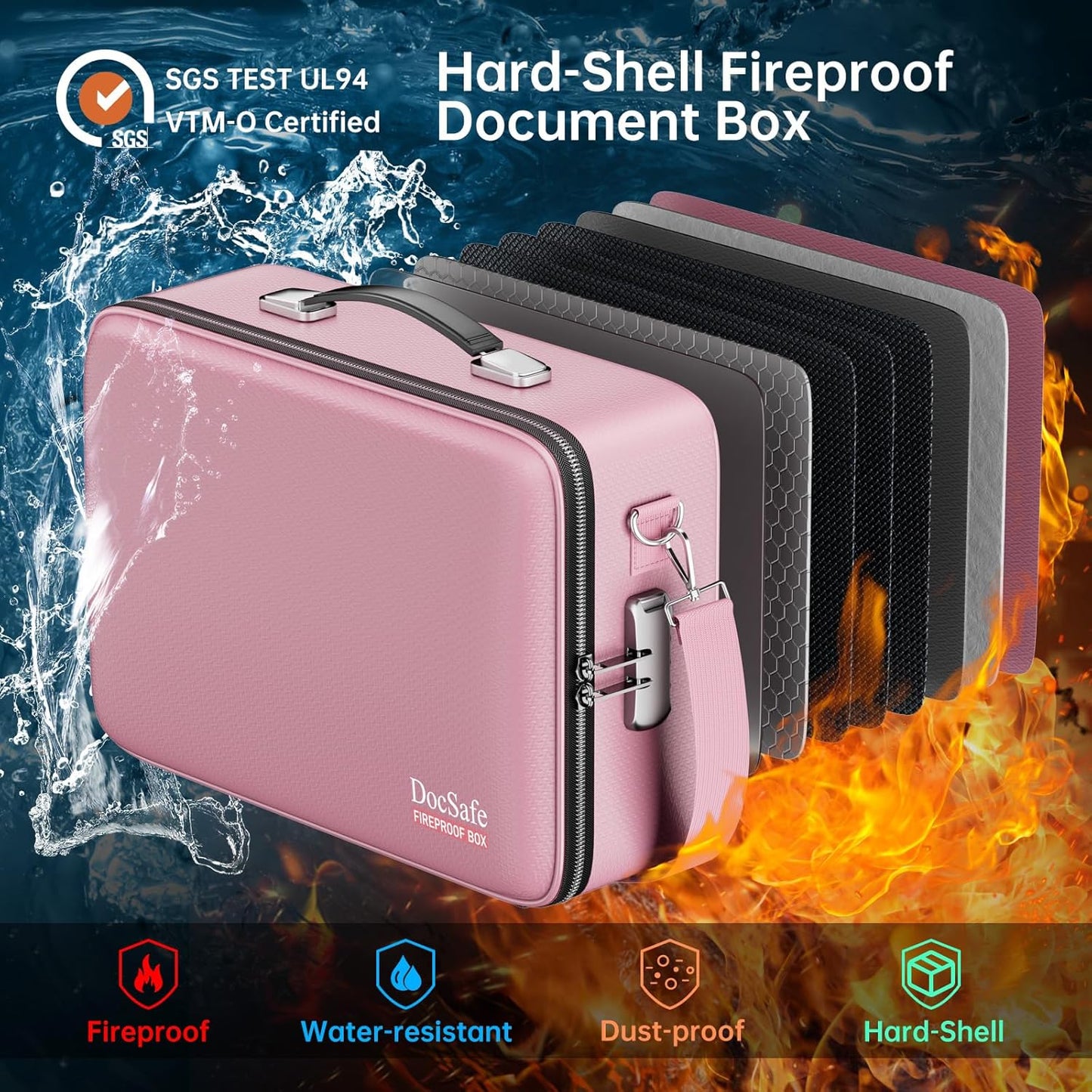 DocSafe Fireproof Document Box with Lock, Hard Case File Organizer with Accordion File Folder, Fireproof Water Resistant Safe Box Home Office Travel Storage for Important Documents Laptop Pink