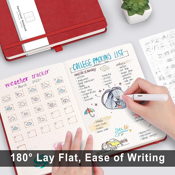 AHGXG Bullet Dotted Journal - 320 Numbered Pages Dot Grid Notebook A5 Thick Journal, 100gsm Thick Dotted Paper, Leather Hardcover,Inner Pocket, 5.75'' × 8.38'' - Red