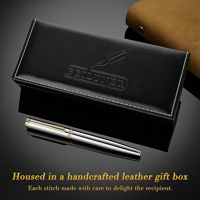 BEILUNER Silver Chrome Fountain Pen,Stunning Luxury Pens with 24K Gold Accents, Gorgeous 24K Gilded Nib(Fine), Ink Converter,Fancy Pen Gift for Men&Women-Elegant, Office, Reliable,Nice for Writing