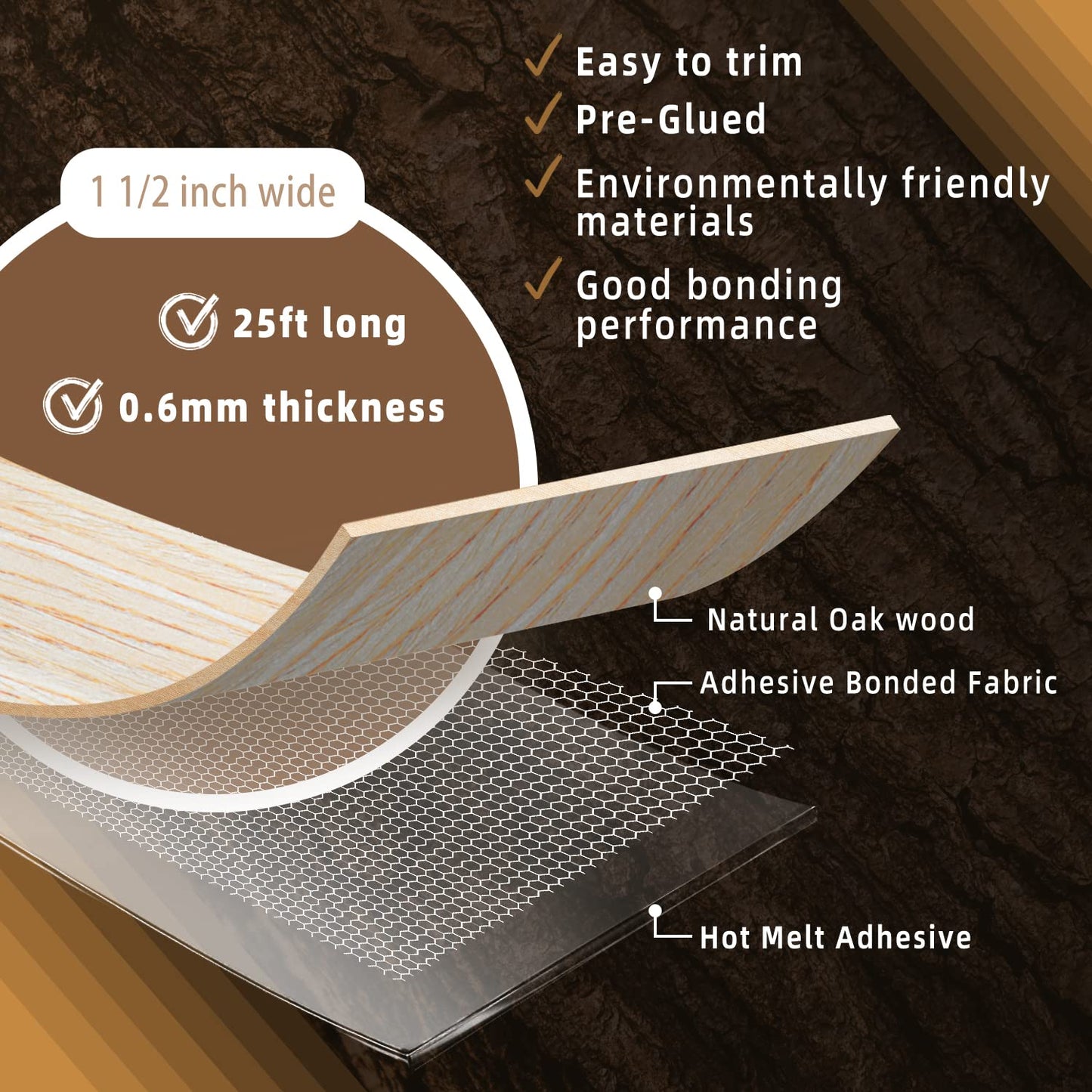 GSCIT Club Oak Edge Banding, 1 1/2 inch x 25ft roll of Veneer Edge Banding Preglued Flexible, Real Wood Tape Banding