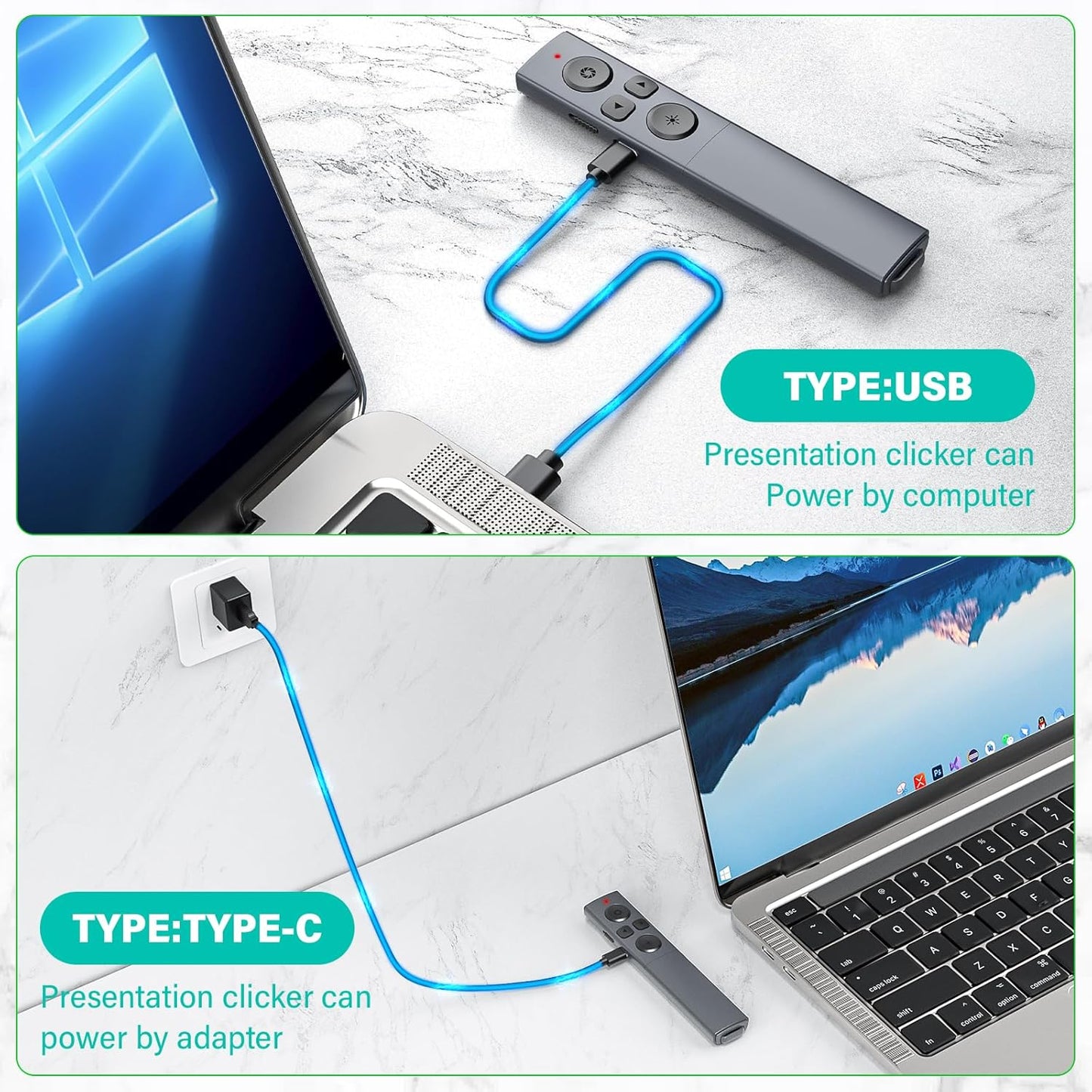 2 in 1 USB Type C Presentation Clicker with Green Light Pointer, Rechargeable Presentation Clicker Wireless Presenter Remote Clicker, 2.4GHz Clicker for Powerpoint Presentations, Google Slide Advancer