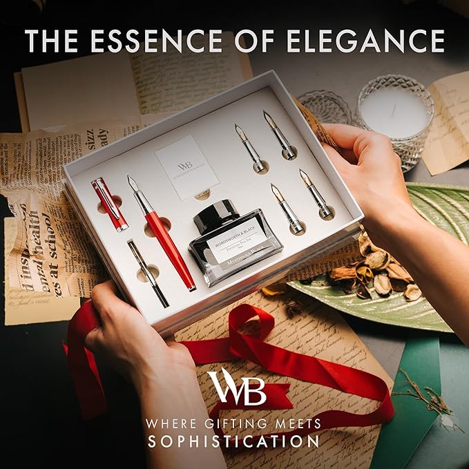 Wordsworth & Black Fountain Pen Gift Set, Includes Bottle, 6 Cartridges Refill Converter, 4 Replacement Nibs, Premium Package, Journaling, Calligraphy, Smooth Writing Pens [Red Chrome]