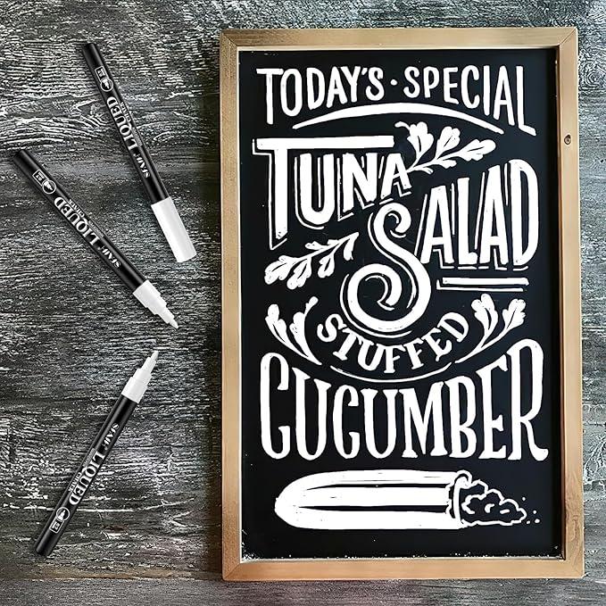 SFAIH White Liquid Chalk Markers - 6 Pack 0.7mm Fine Tip Wet Erase Chalkboard Markers for Signs, Windows, Glass, Chalk Pens with 20 Chalkboard Labels, Non Toxic