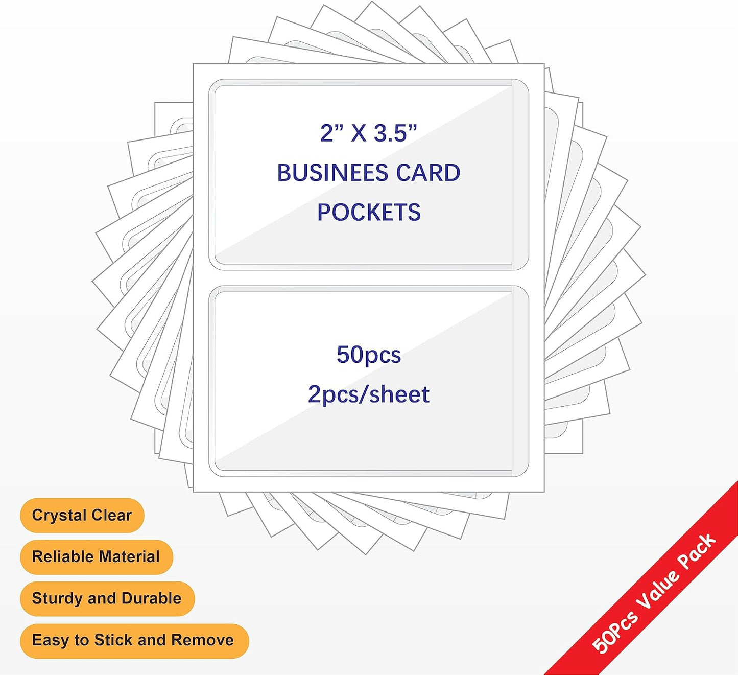 Clear Adhesive Business Card Pocket swith Side Open for Loading, 50 Pack, Plastic Labels Holders for Storage Bins and Library Card, Ideal for Organizing and Protecting Your Business Cards