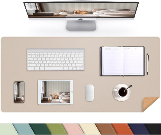 AFIING Leather Desk pad Protector, Large Non-Slip Office Desk Mat with Natural Cork & PU Leather, Waterproof Writing Mouse Pad for Office and Home (31.5in*17in,Beige)