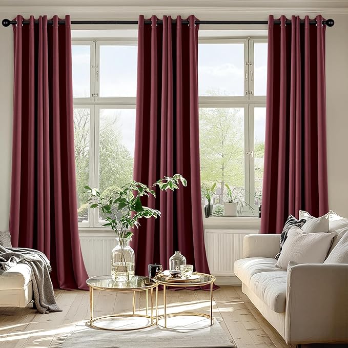 MIULEE Burgundy Red Blackout Curtains for Bedroom Living Room 90 Inches Long 2 Panels, Thermal Insulated Room Darkening Drapes Solid Grommet Top Noise Reduction Christmas Window Treatments 40x90 Inch