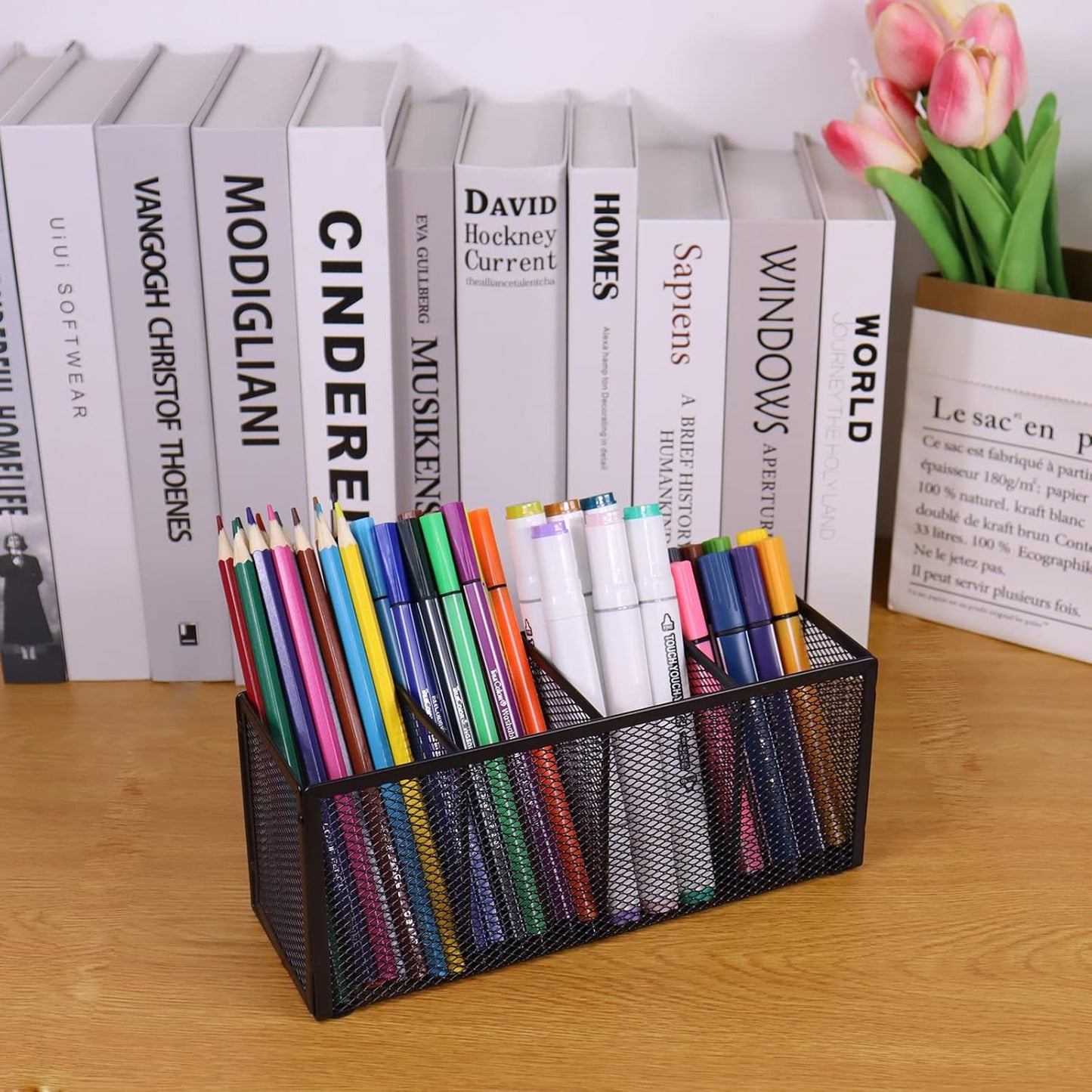 Black Mesh Pen Holder, Metal Desk Organizer Desktop Stationery Office Supplies Acessories Storage Stand, 4 Compartments Pencil Organizer Brushes Holder for Home School Classroom Teachers