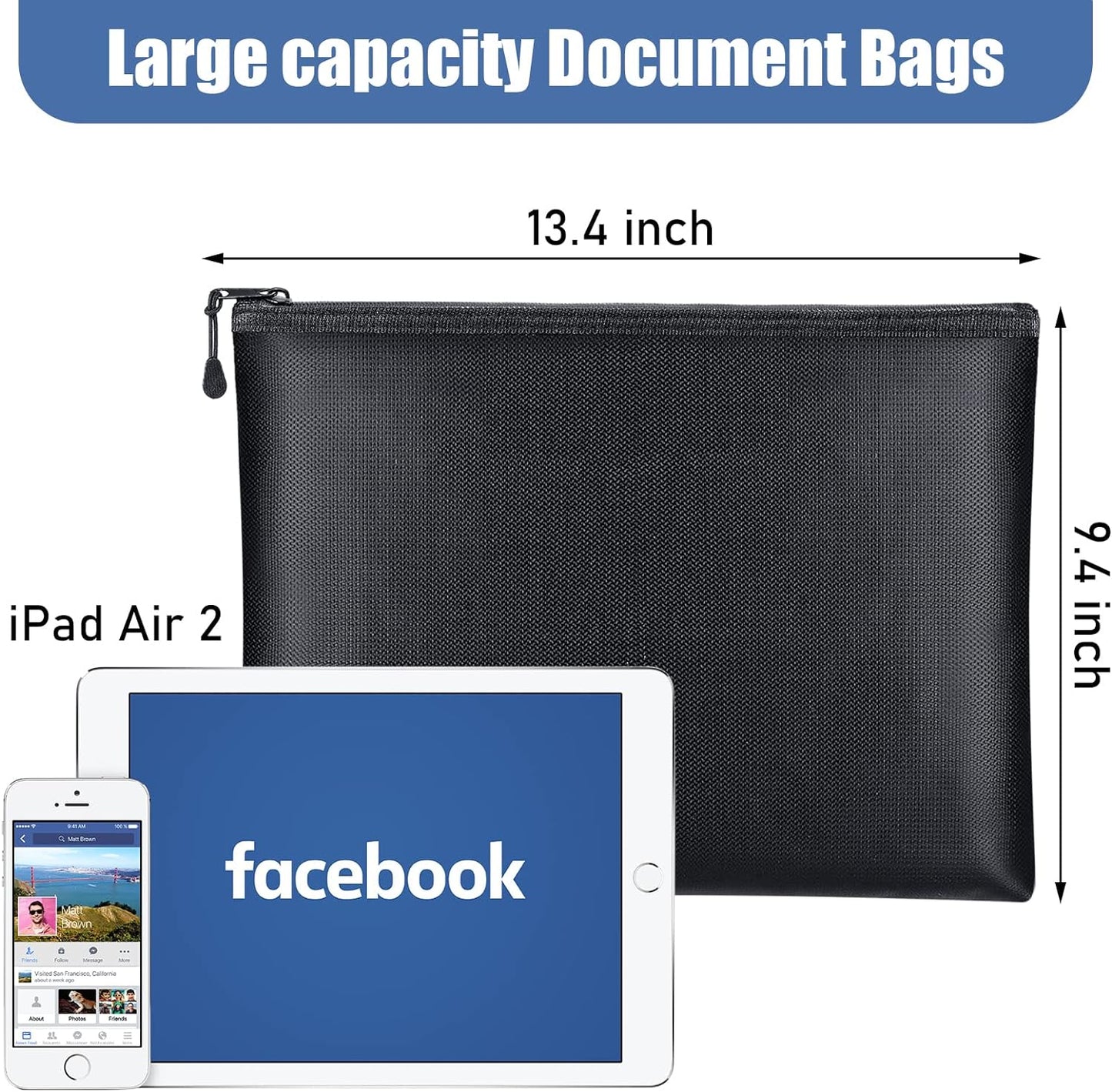 Epakh 6 Pack Fireproof Document Bags 13.4 x 9.4 Inch Waterproof and Fireproof Money Bag Document Holder with Zipper Fireproof Safe Storage Bag for A4 Documents, Money, Passport and Tablet