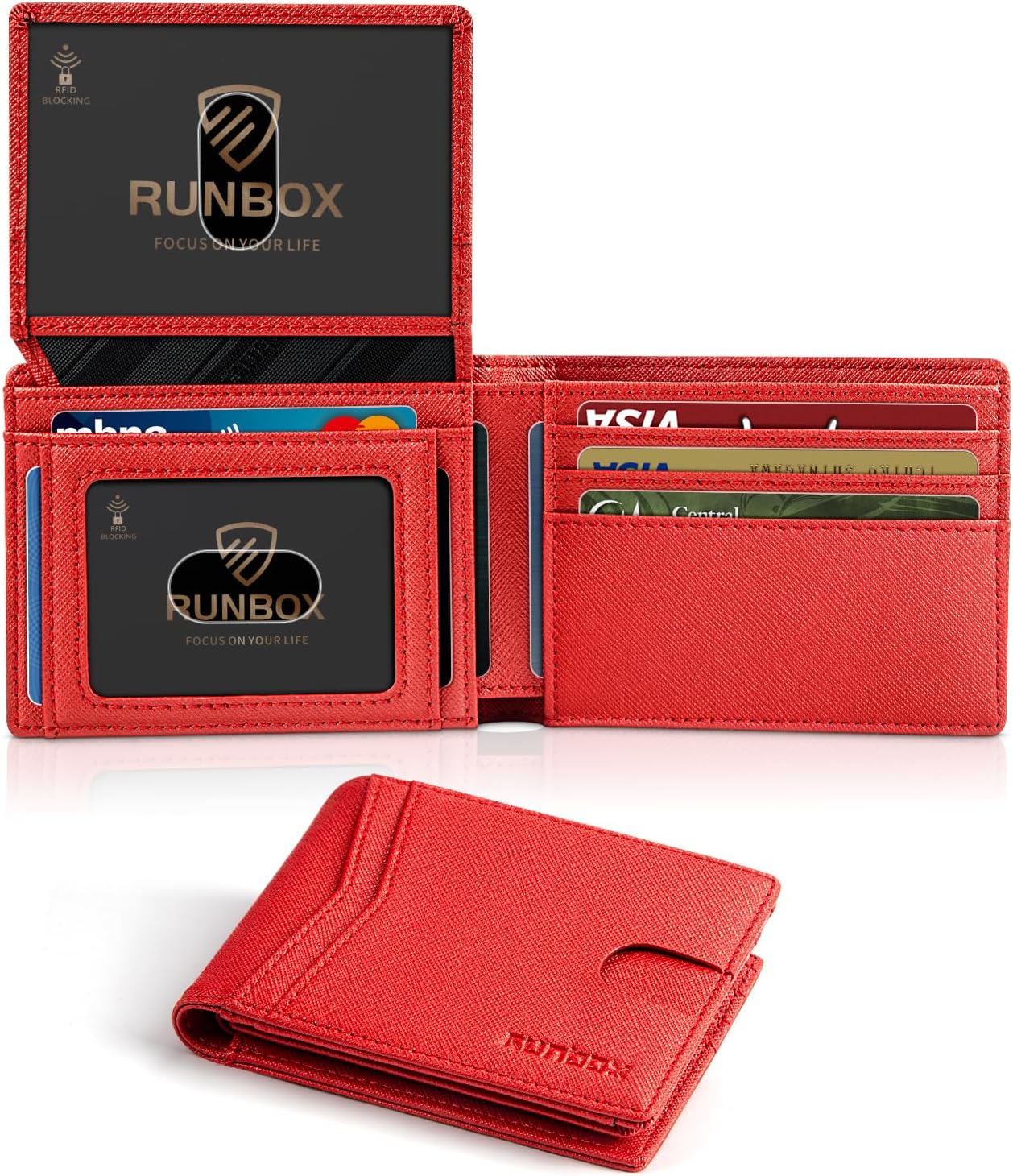 RUNBOX Wallet for Men Slim Rfid Leather 2 ID Window With Gift Box