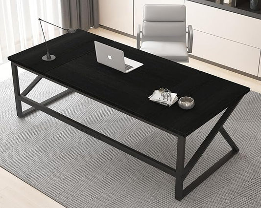 HSH 70 Inch Long Black Desk, Large Metal Wood Computer Desk for 2 Monitors, Modern Home Office PC Laptop Desk for 2 People Executive Writing Work Study Gaming, Simple Bedroom Living Room Black Table