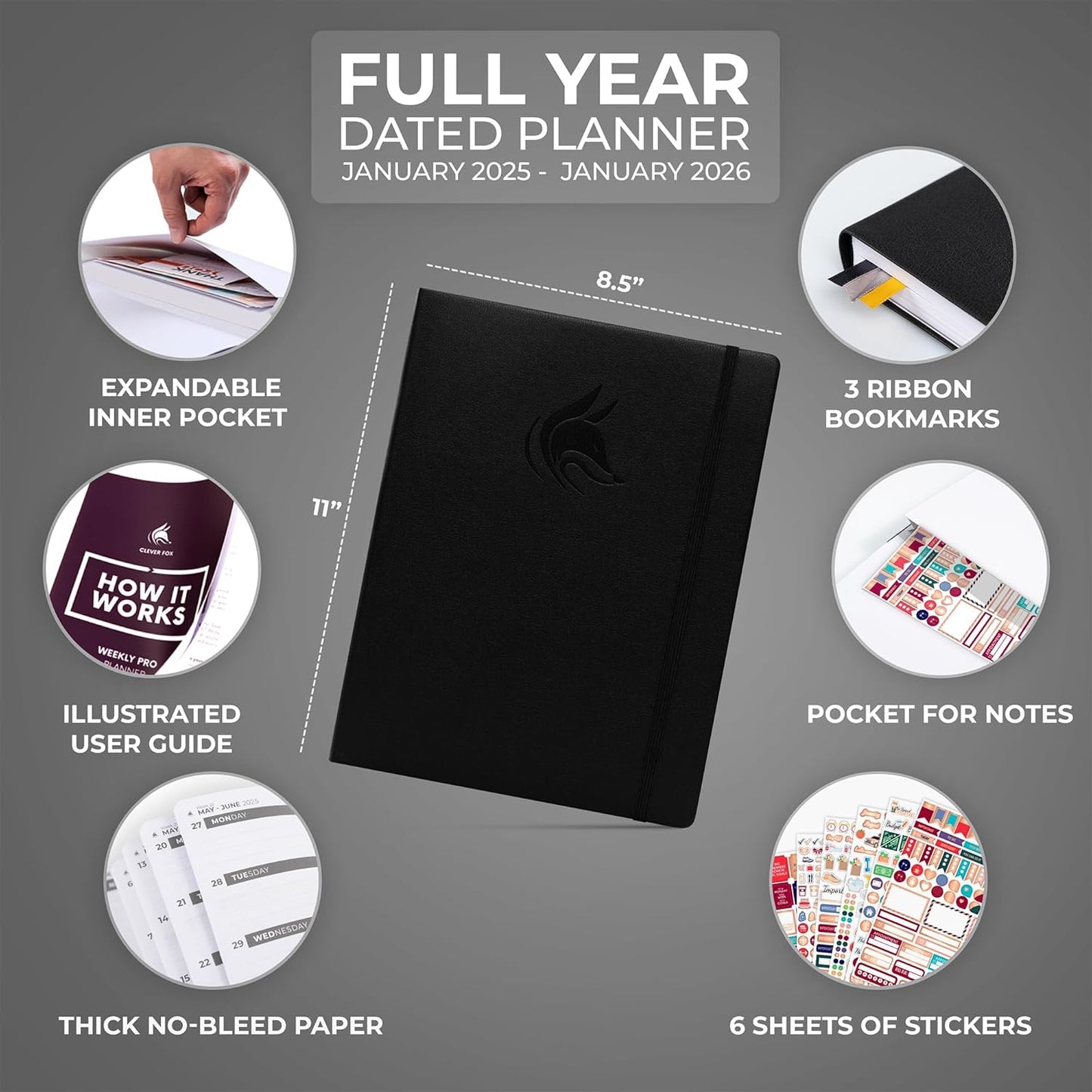 Clever Fox Planner PRO Dated (Jan 2025–Jan 2026) Weekly & Monthly Life Planner to Increase Productivity, Time Management and Hit Your Goals – Organizer, Gratitude Journal – A4 Size (Black)
