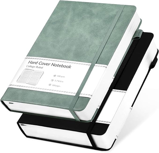 CAGIE 2 Pack Notebooks Journals for Women Men Hardcover A5 Journaling Notebooks Leather Journals for Writing Thick Journal Supplies Diary, Green& Black