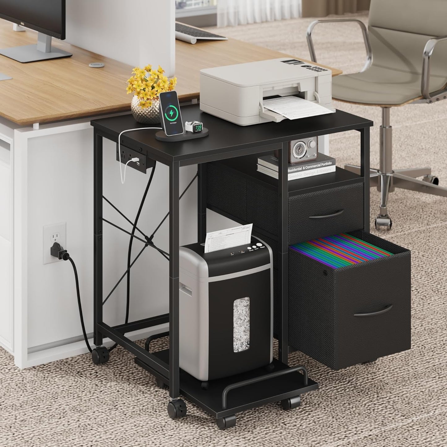 Printer Stand with Power Outlet/Fabric Drawers, Printer Cabinet with Storage Shelf and Rolling Shredder Stand, Printer Table for Home Office, 25.6"×17.7" Black