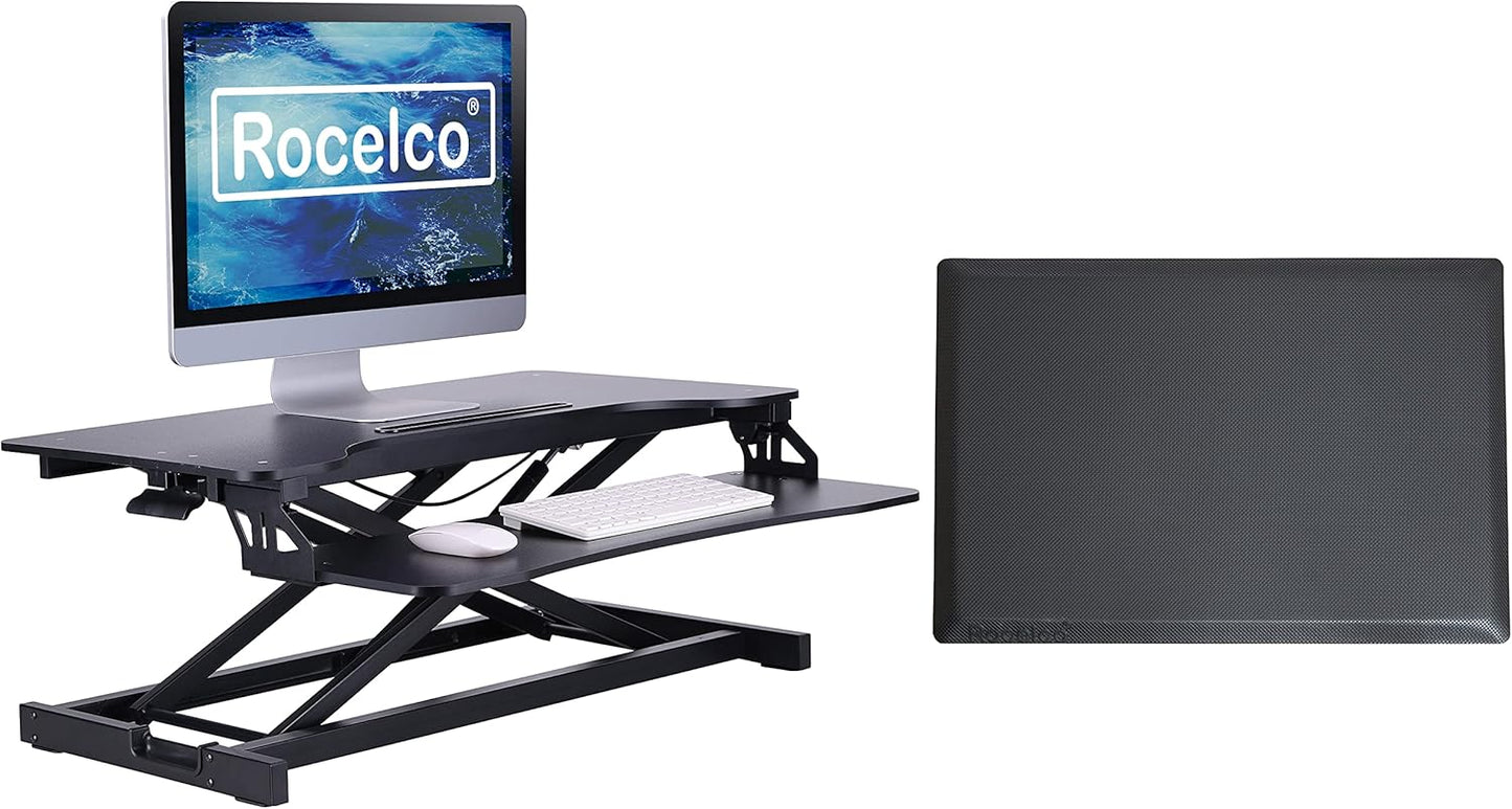 Rocelco Standing Desk Converter and Floor Mat - 31.5 Inch Sit Stand Up Dual Monitor Tabletop Riser with Tablet Mount, Height Adjustable Workstation - Deep Keyboard Tray - Black (R VADRB-MAFM)