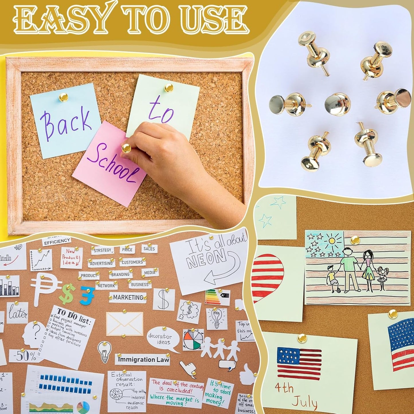 220 Count Gold Push Pins, Standard Plastic Head Steel Point Gold Thumb Tacks Decorative Push Pins for Cork Board Wall Hanging