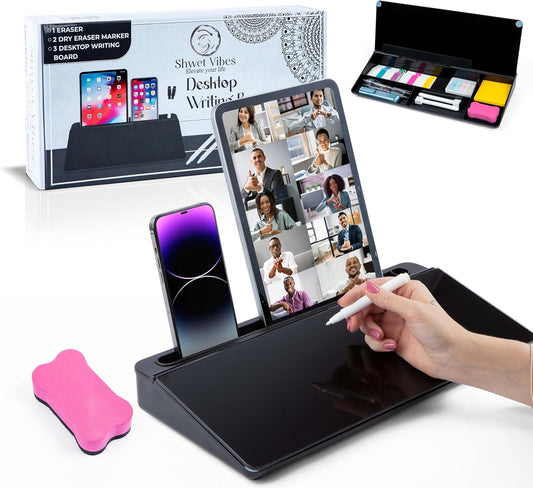 Glass Desktop Whiteboard for Quick Notes & Reminder – Desk Storage with Drawer – Compact Desk Organizer Whiteboard – Small Dry Erase Board - Desktop Accessories for Home Office (Black)