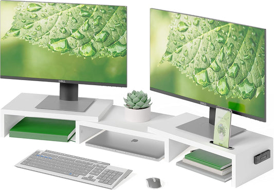 BONTEC Dual Monitor Stand Riser with Smartphone Holder, Adjustable Length & Swivel Angle, Ergonomic Wooden Desktop Organizer for PC Monitor, Laptop, Printer, Large Storage, White