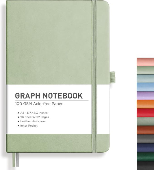 RETTACY Graph Grid Paper Notebook, 192 Pages, A5 Medium Size (5.7'' x 8.3''), 5 Squares per Inch, Leather Hardcover, 100 GSM Thick Paper, for School, Students, Math, Engineering (Light Green)