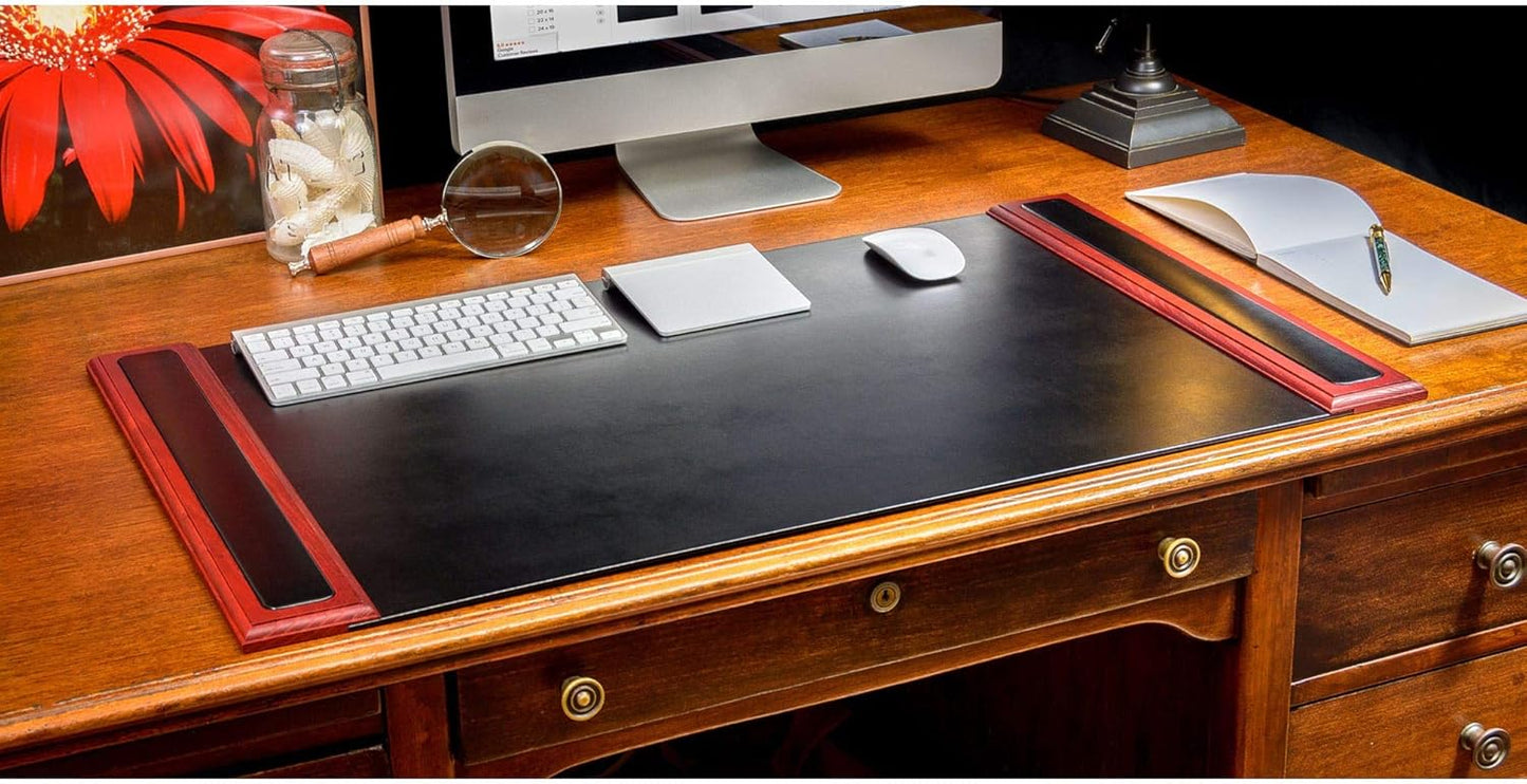 Dacasso Wood & Leather Desk Pad with Side Rails - Luxury Leather Desk Blotter for Writing - Padded Executive Desk Surface Protector - (Rosewood & Black, 34” x 20”)