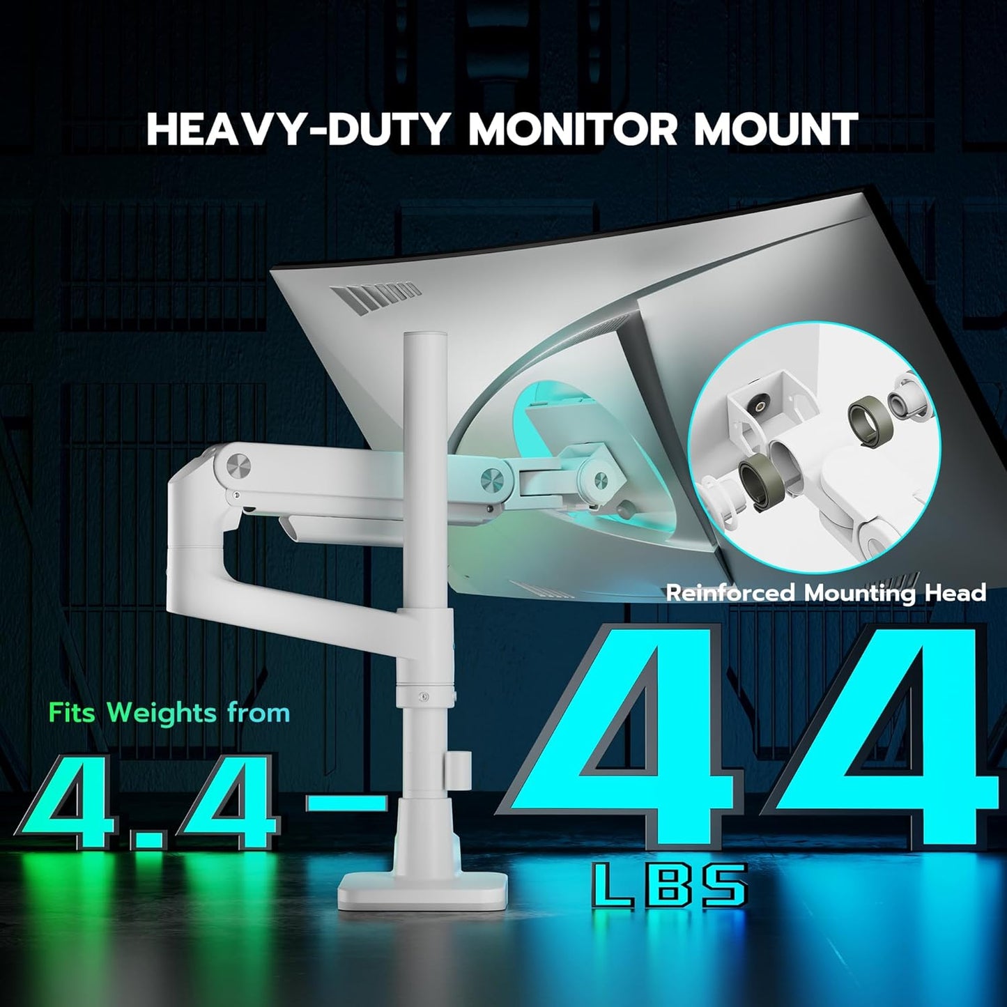 ARES WING Ultrawide Monitor Mount with USB A/C, with Extended Column for 17 to 49 inch Heavy Duty Monitor, Holds 44 lbs, Adjustable Gas Spring Desk Mount, White