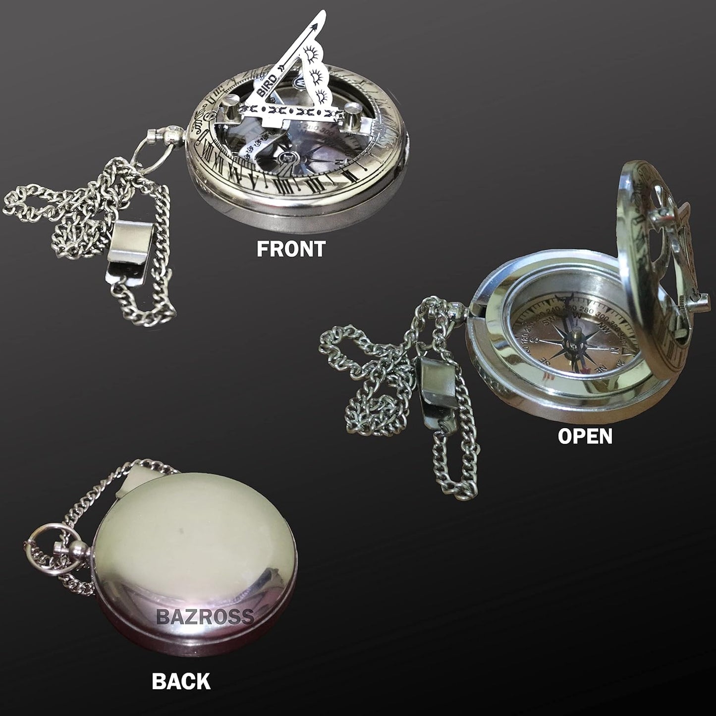 Vintage Brass Sundial Compass with Leather Case - Antique Brass & Copper Sun Clock for Camping, Hiking, Touring - Engraved Gift for Him - Silver Large Compass Viking Pendant Necklace for Men