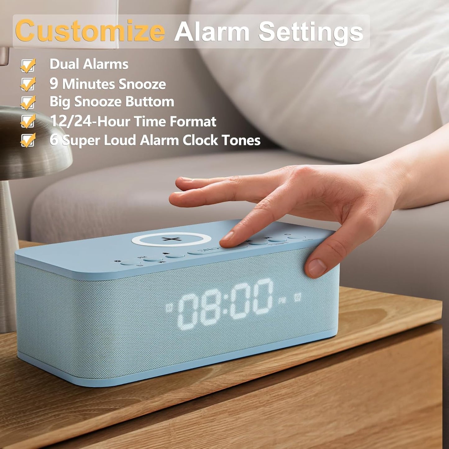 Alarm Clocks Large Snooze Button, Digital Clock USB Charger Port, Bluetooth Speaker Alarm Clock Bedroom AUX USB Bluetooth Speaker Wireless Charging 12/24H Dual Alarms Snooze Dimmer Sleep Timer, Blue