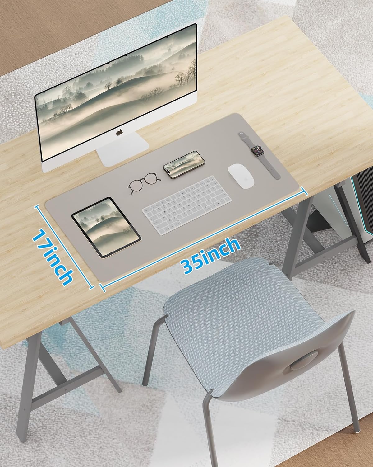 Leather Desk Pad Protector,Mouse Pad,Office Desk Mat, Non-SlipPU Leather Desk Blotter,Desk matt for Desktop,Waterproof Keyboard mat for Office/Home/Decor (Light Grye,31.5" x 15.7”