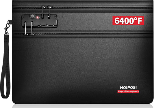 Noiposi 6400℉ Fireproof Document Bag with Lock,Dual-Zip Compartments Fireproof Money Bag for Cash and Documents,12 Layers Heat Insulated Fireproof Bag with Zipper,Protects Important Papers,Valuables
