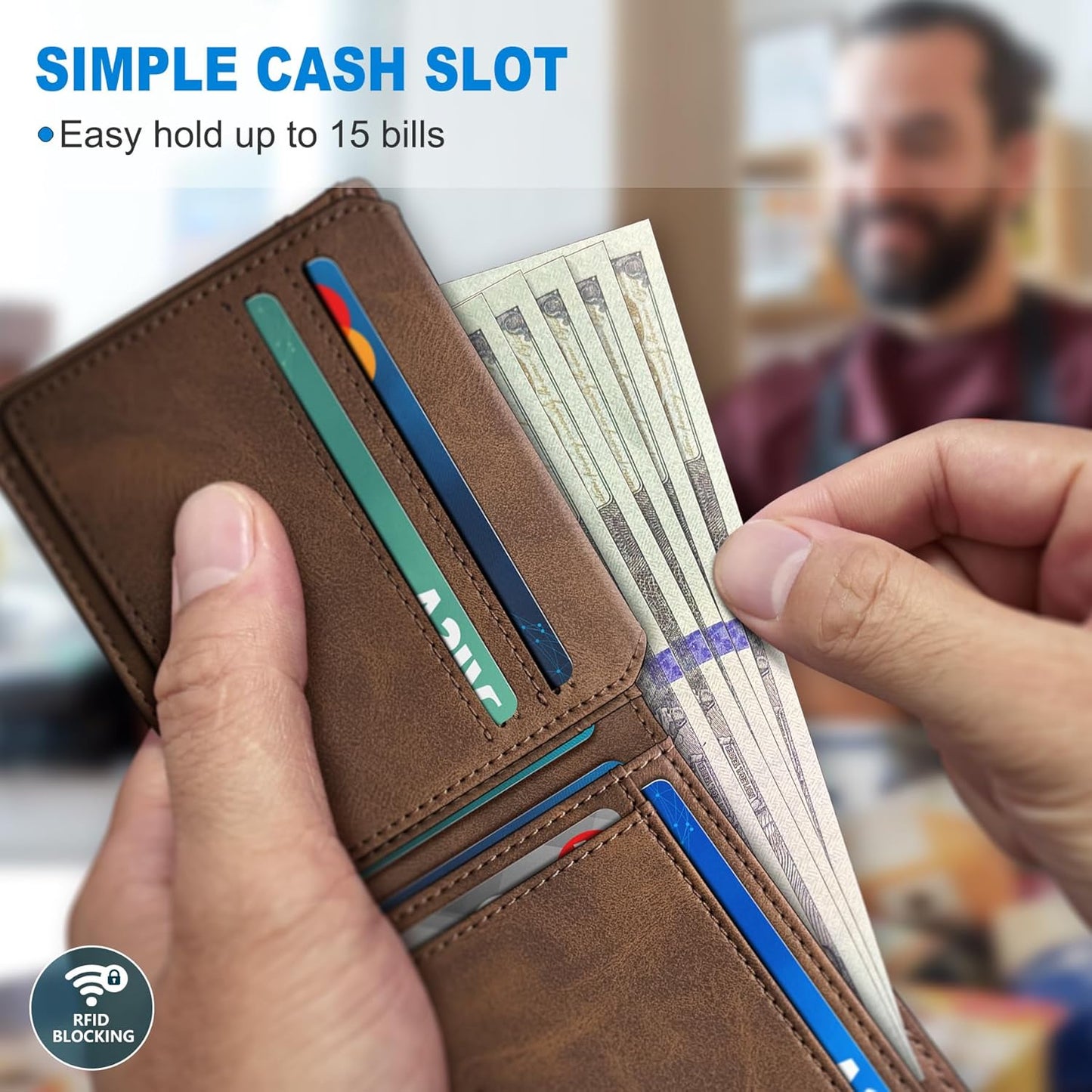 Wallet for Men Wallet with Cash Pocket 2 ID Window 13 Cards,Slim Leather Wallet Front Pocket Card Holder RFID Blocking with Gift Box