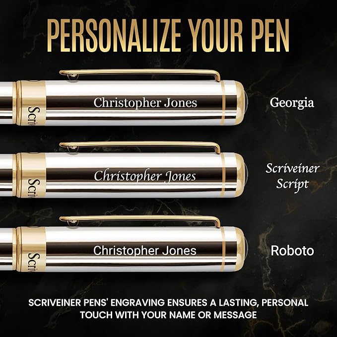 Scriveiner Personalized Silver Chrome Ballpoint Pen - Stunning Luxury Pen, Real Gold Plating, Schmidt Ink Refill, Best Engraved Ball Point Gift Set for Men & Women, Custom Name Engraving