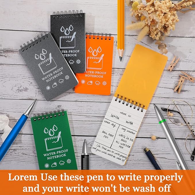50 Pcs Waterproof Notebook Bulk, 5 x 3 Inch Pocket Notepad Top Spiral Memo All Weather Police Notebook Tactical Journal Writing Note Pad for Outdoor Activities Recording, Black Gray Blue Yellow Orange