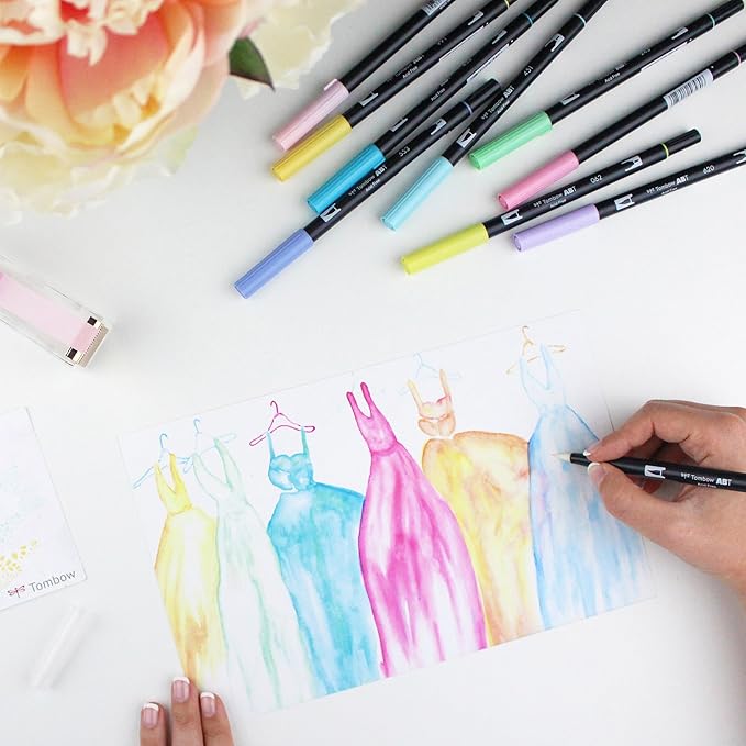 Tombow 56187 Dual Brush Pen Art Markers, Pastel, 10-Pack. Blendable, Brush and Fine Tip Markers