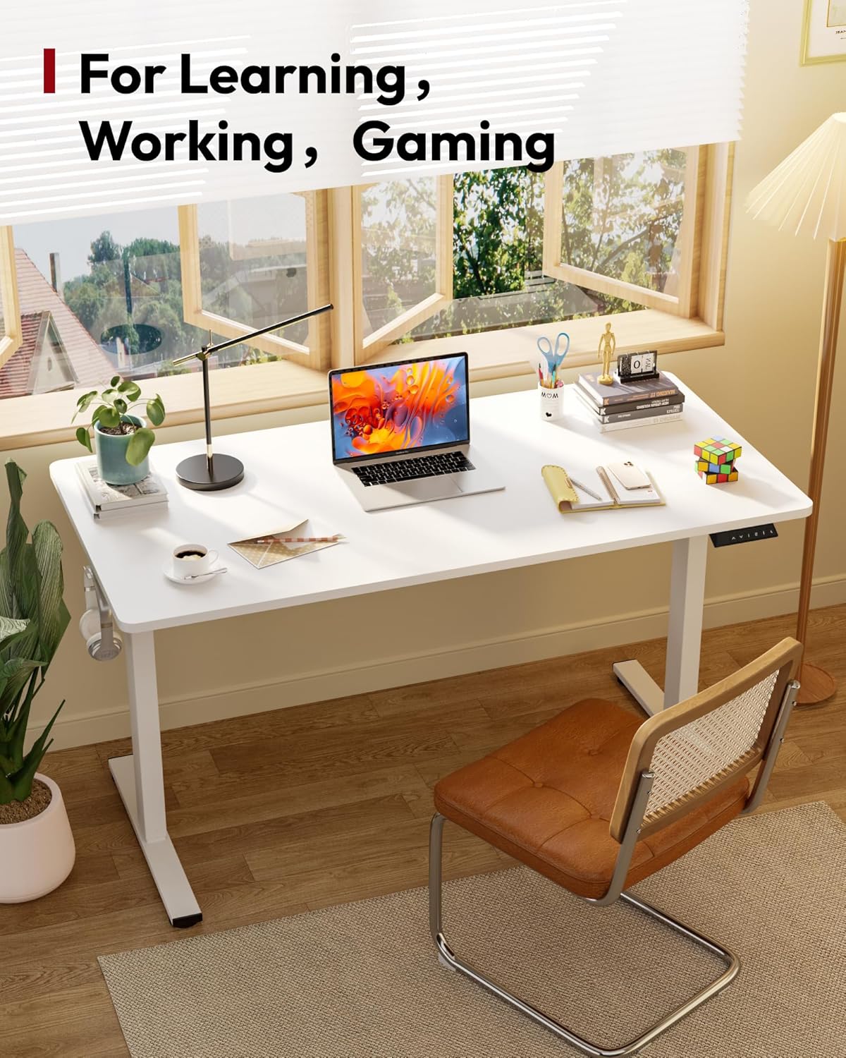 SANODESK Electric Standing Desk 55 x 28 Inches Whole-Piece Desktop Height Adjustable Stand Up Desk w/6-Button Controller Ergonomic Computer Desk for Home Office, White Frame + White Tabletop