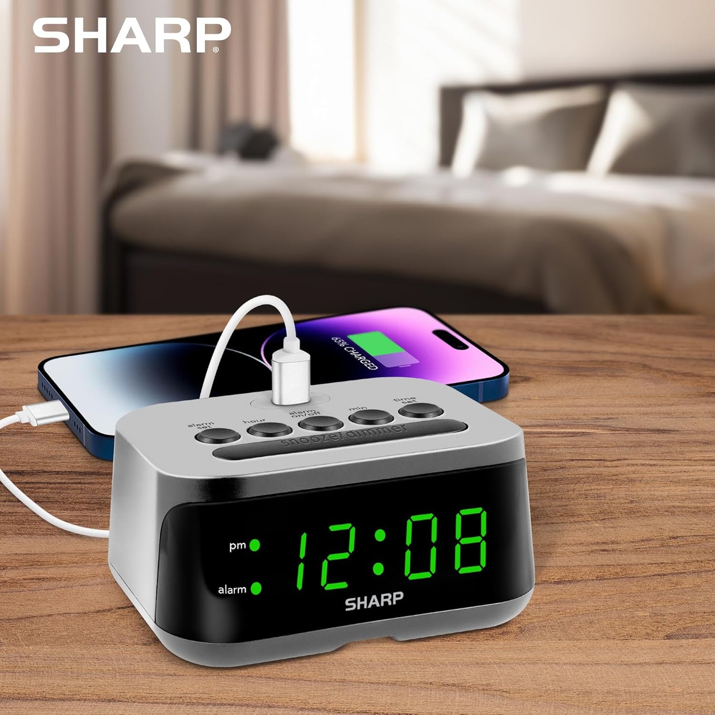Sharp Digital Alarm Clock with Super Fast USB-C Charge Port & Green LED Display