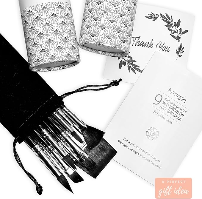 ARTEGRIA Watercolor Brush Set, 9 Professional Soft Synthetic Squirrel Paint Brushes, Including Round Detailers, Flat Wash, Rigger, Rake, Fan, Angled Shader