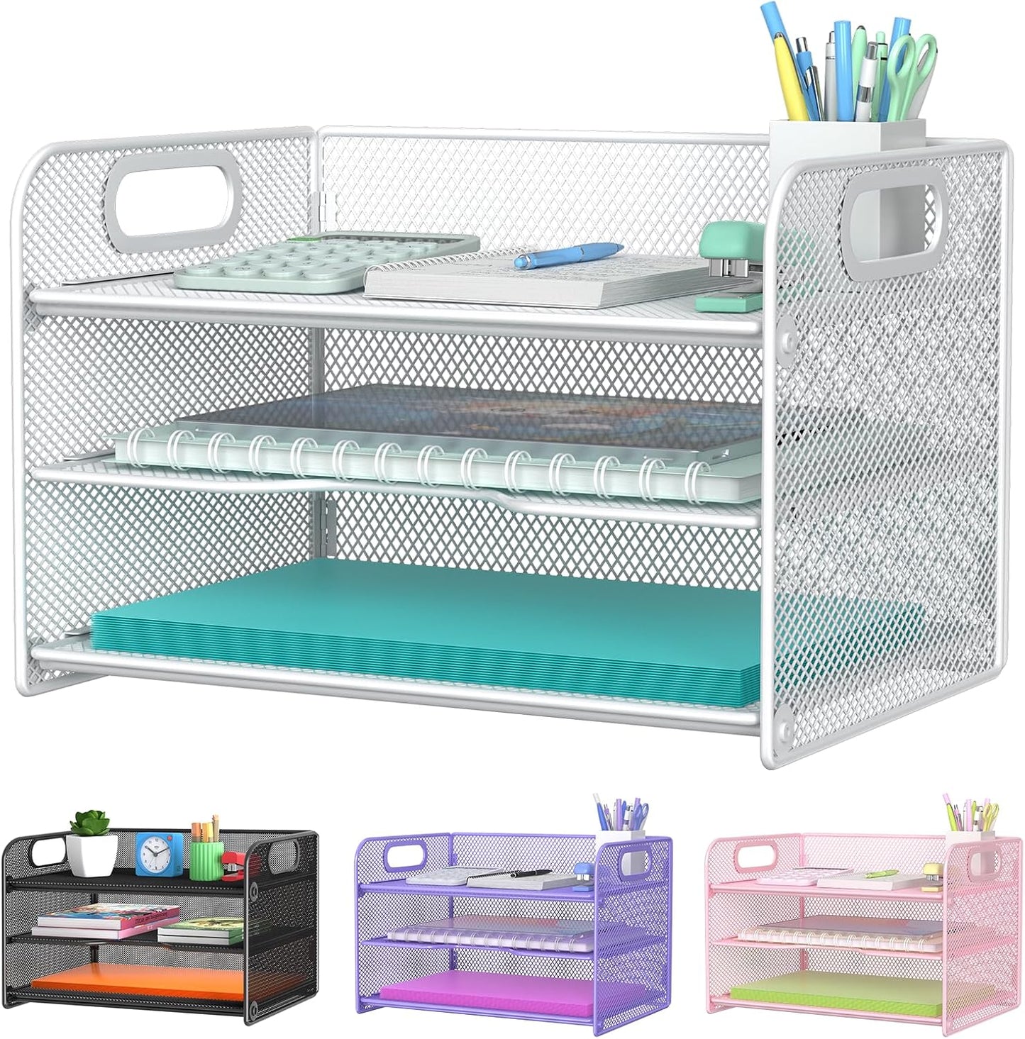 Samstar 3 Tier White Letter Tray Paper Organizer with Handle, Mesh Desk Organizer Paper Sorter File Rack Shelves, White