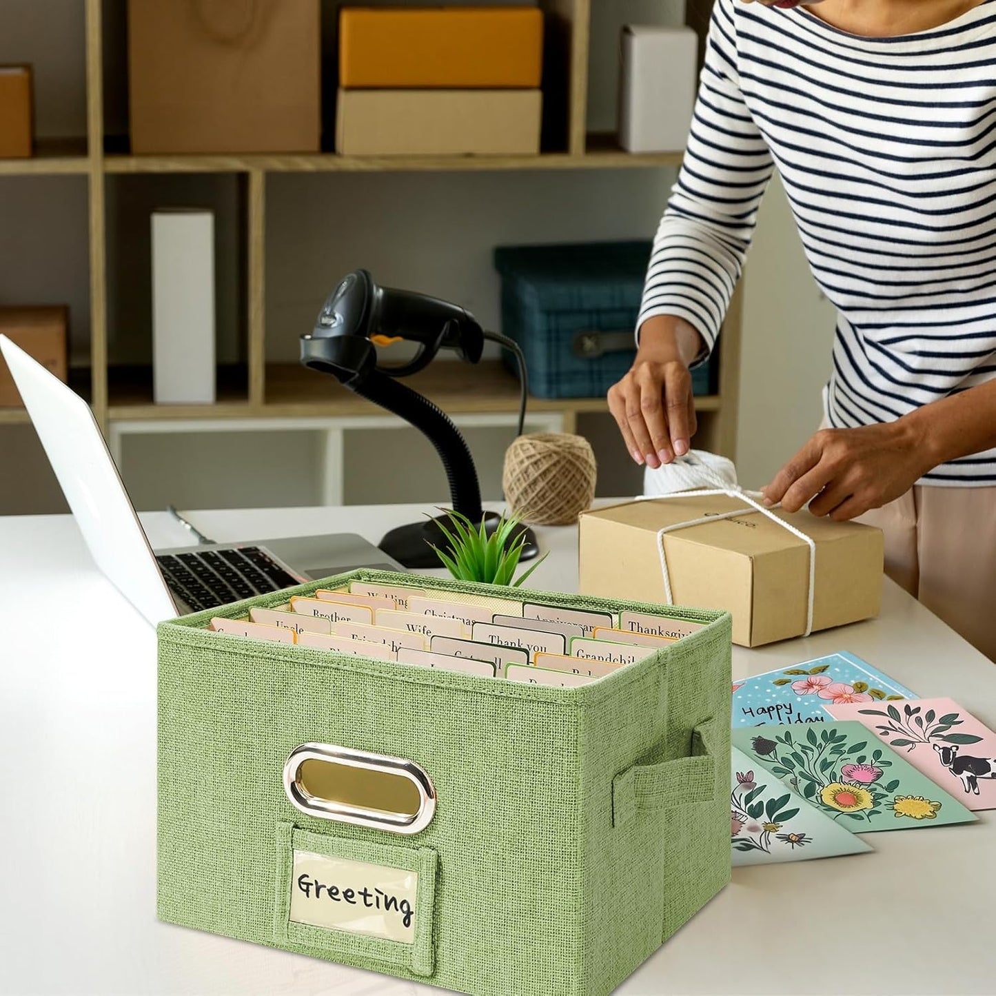 Vienrose Greeting Card Organizer 1 Pack, Storage Box with 20 Adjustable Dividers, Foldable Organizer Box Holds over 150 Cards, Storage Stickers Recipes Photos Envelopes Bills Vinyl Records, GrassGreen