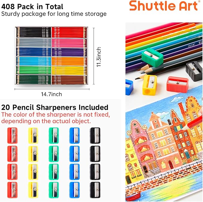 Shuttle Art Colored Pencils Bulk, 408 Pack Coloring Pencil Set Plus 20 Sharpeners, 12 Assorted Colors, Classroom Pack School Supplies