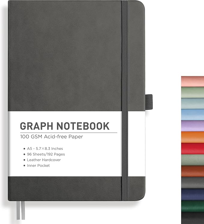 RETTACY Graph Grid Paper Notebook, 192 Pages, A5 Medium Size (5.7'' x 8.3''), 5 Squares per Inch, Leather Hardcover, 100 GSM Thick Paper, for School, Students, Math, Engineering (Gray)