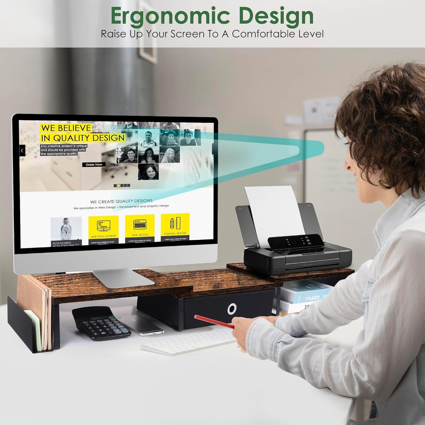 Dual Monitor Stand Riser With Drawer, Office Desk Organizers And Accessories, Computer Monitor Riser For 2 Monitors For Desk, Monitor Shelf With Adjustable Length & Angle