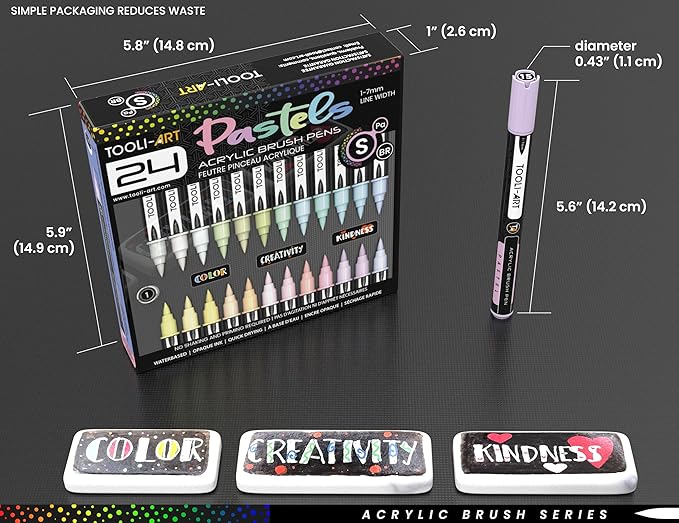 24 Flexible Brush Tip Acrylic Paint Pens Markers Set 1-7mm Line for Rock Painting, Brush Lettering, Glass, Mugs, Wood, Metal, Canvas, Fabric, Plastic Non Toxic Waterbased Quick Drying Assorted Pastel