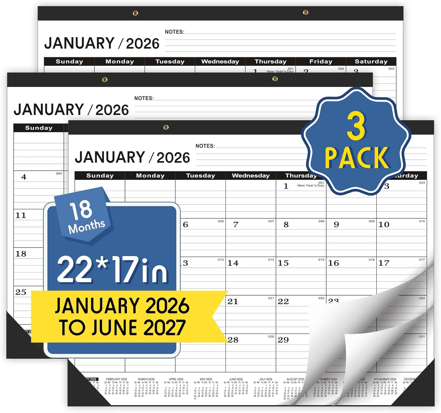 Desk Calendar 2026 Large 22x17,January 2026 to June 2027,Desk calendar 2026, Calendar 2026 with PVC Cover,Round Holes& NOTES List (Black),18 Months -3 PACK 2026 Desk Calender.