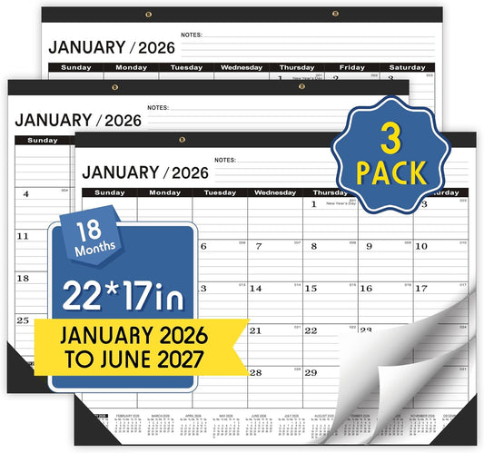Desk Calendar 2026 Large 22x17,January 2026 to June 2027,Desk calendar 2026, Calendar 2026 with PVC Cover,Round Holes& NOTES List (Black),18 Months -3 PACK 2026 Desk Calender.