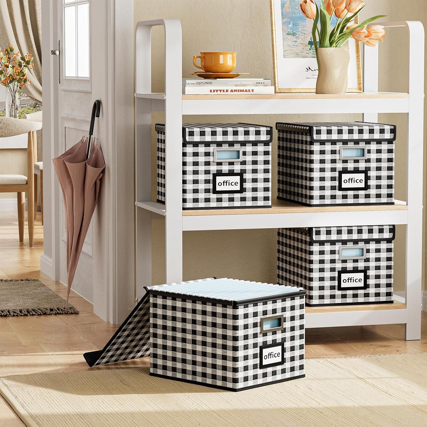 Huolewa Decorative Collapsible File Storage Organizer Boxes with Lids, Hanging Filing & Storage Boxes for Office/Decor/Home, Filing System for File and Folders Storag - (Black & White Lattice)