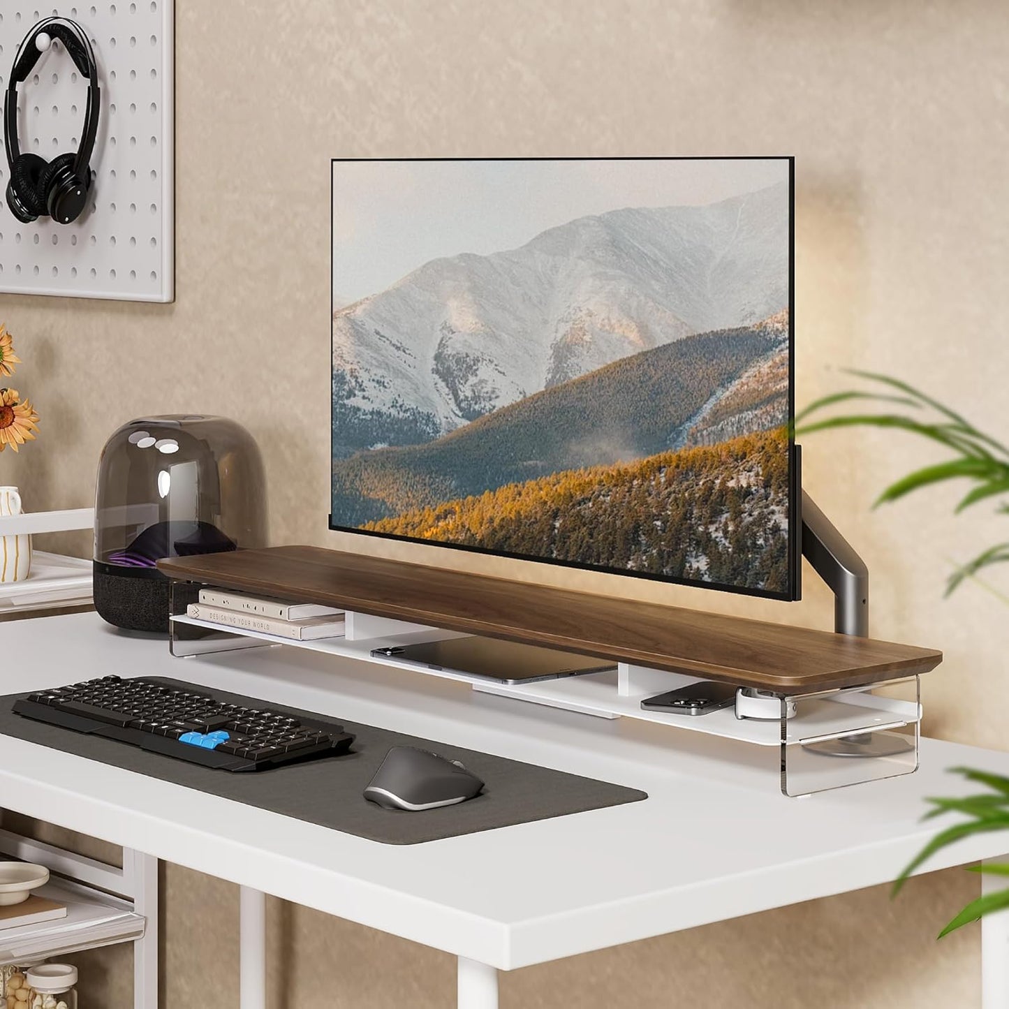 Fenge Acrylic Monitor Stand Riser, 42.5 Inches Dual Monitor Stand with Metal Storage, 2 Tier Acrylic Computer Riser for Desk, Clear Laptop Stand for PC, Laptop, Printer, TV, Brown