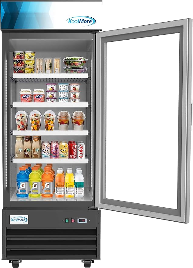 KoolMore MDR-1GD-23C Commercial Glass 1 Door Display Refrigerator Merchandiser - Upright Beverage Cooler with LED Lighting - 23 Cu. Ft., Black