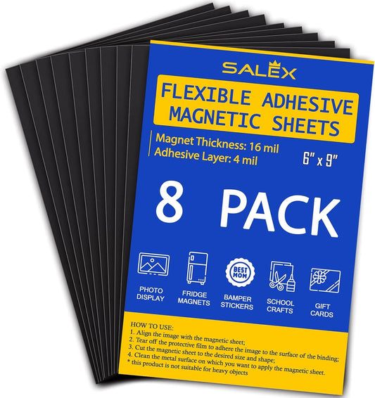 Magnetic Sheets with Adhesive Backing for Crafts, DIY 8 Pack. Strong Craft Magnets 6" x 9" to Make Flexible Magnet Self Sticky Tapes, Strips, Squares, Sheet for School Classroom Board, Fridge, Photos